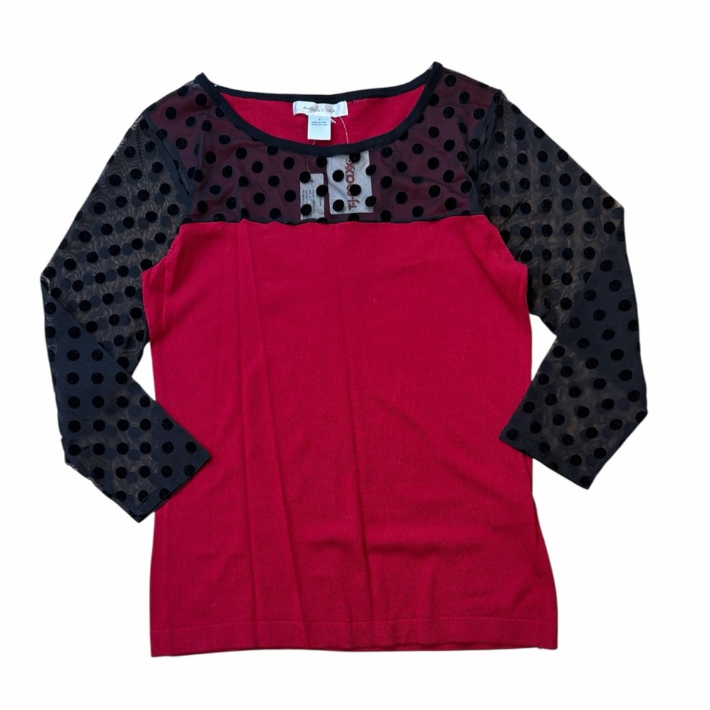 August Silk NWT Red and Black Mesh Polka Dot Top